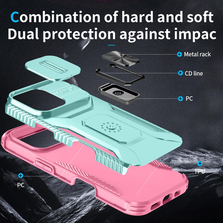 Eilkmcre for iPhone 16 Pro 5G Phone Case Heavy Duty Rugged Hard PC Back Cover with Kickstand Built in Slide Camera Lens