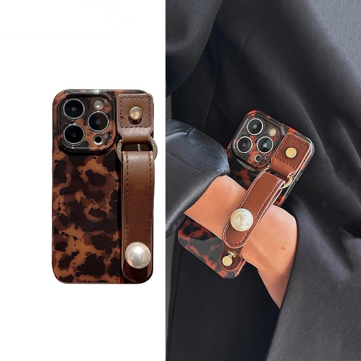 aaknhen Compatible with iPhone 16 Tortoise Shell Retro Phone Case with Adjustable Wristband Strap KickstandCute Amber Br
