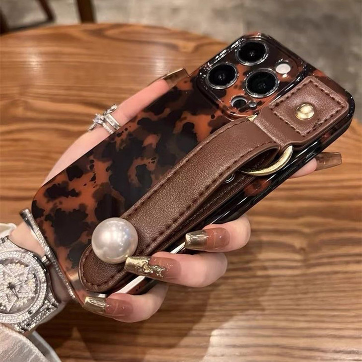 aaknhen Compatible with iPhone 16 Tortoise Shell Retro Phone Case with Adjustable Wristband Strap KickstandCute Amber Br