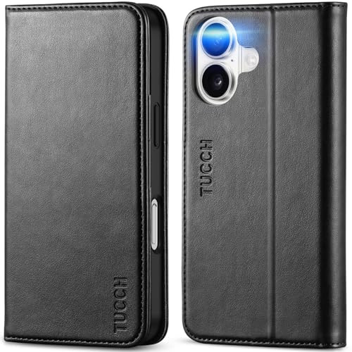 TUCCH Case Wallet for iPhone 16 3 Card Slots Kickstand PU Leather RFID Blocking Flip Folio Cover with TPU Shockproof Int
