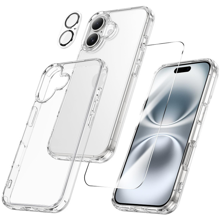 Maxdara 3 in 1 for iPhone 16 Clear Case iPhone 16 Case with Tempered Glass Screen Protector and Camera Lens Protector Dr