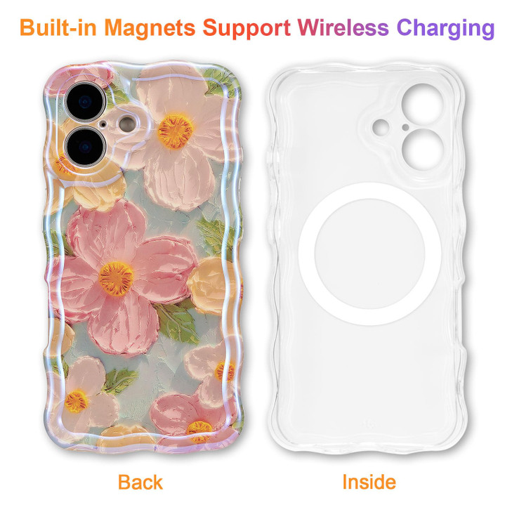 EYZUTAK Case for iPhone 16 Plus Compatible with MagSafe Colorful Oil Painting Flower Glossy Cute Curly Wave Edge Exquisi