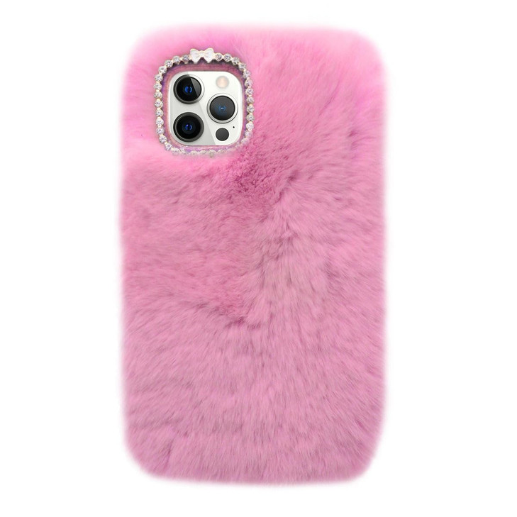 Losin Compatible with iPhone 16 Pro Case Cute Plush Furry Case with Glitter Lanyard Strap Bling Diamond Camera Lens Prot