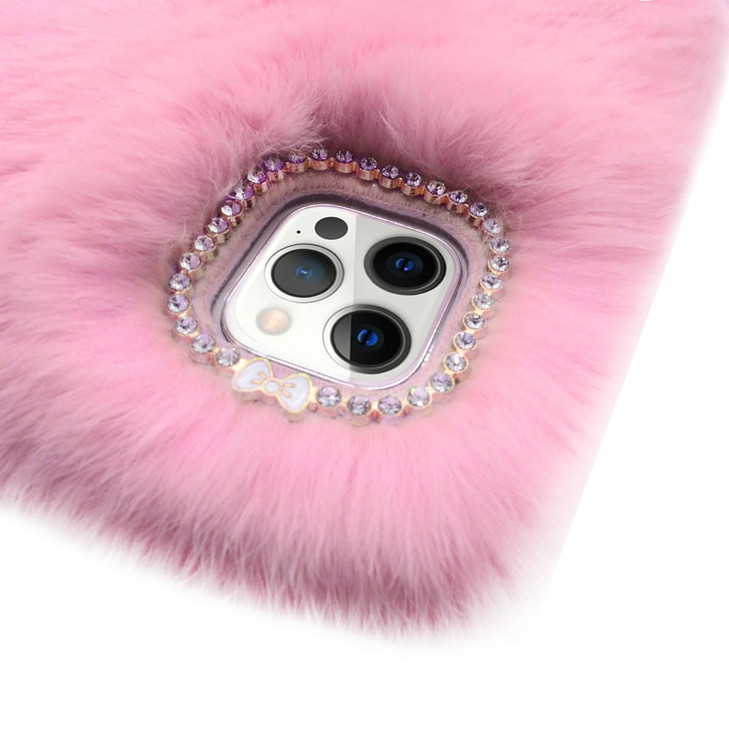Losin Compatible with iPhone 16 Pro Case Cute Plush Furry Case with Glitter Lanyard Strap Bling Diamond Camera Lens Prot