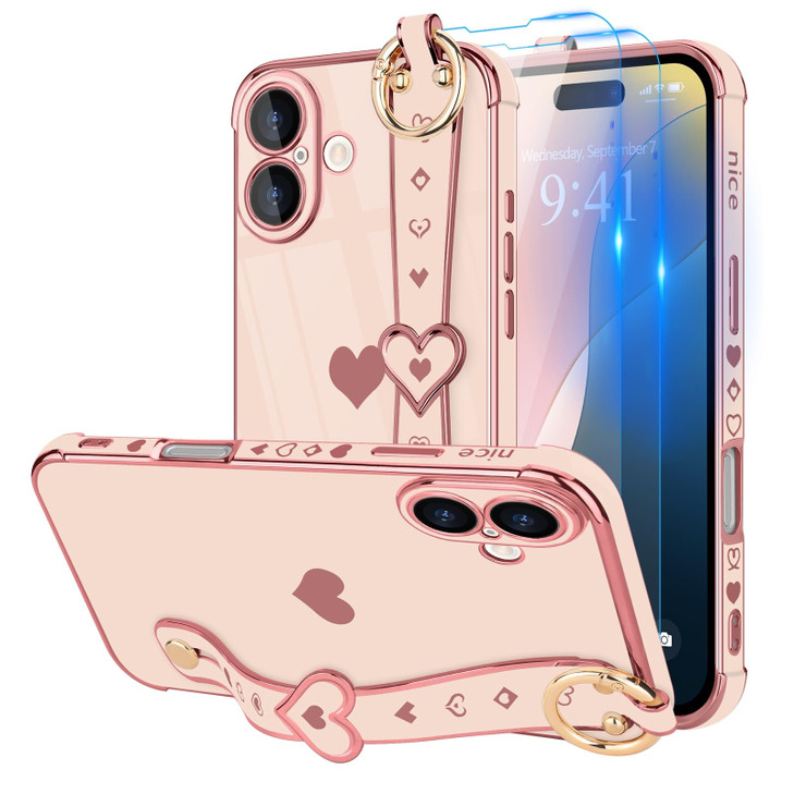 LLZCOQUE Compatible with iPhone 16 Plus Case with Strap for Women Girls 2 Screen Protectors Cute LoveHearts Wristband Ki