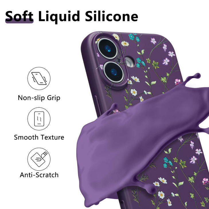 RALEAVO Floral Case for iPhone 16Liquid Silicone Cover with Flower Branch Pattern Cute Phone Cover for Girls Women Slim