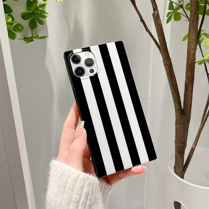 Omorro Compatible with iPhone 16 Pro Rectangle Case for Women Girls Bling Black White Vertical Striped Pattern Luxury Ed