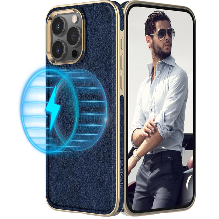 LOHASIC for iPhone 16 Pro Max Case Blue Leather Luxury Soft Phone Cover Compatible with MagSafe Accessories Classic Desi