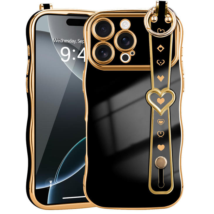 LLZCOQUE for iPhone 16 Pro Case for Women Girls Wave Frame with Strap Cute LoveHeart Luxury Plating Back Cover Raised Ca