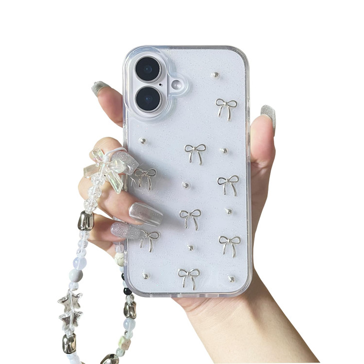 XQAGU Phone Case for iPhone 16 PlusNClear Glitter Cute Bow Knot Aesthetic Girly with Phone Charms Chain Bracelet Soft Pr