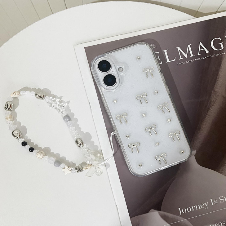 XQAGU Phone Case for iPhone 16 PlusNClear Glitter Cute Bow Knot Aesthetic Girly with Phone Charms Chain Bracelet Soft Pr
