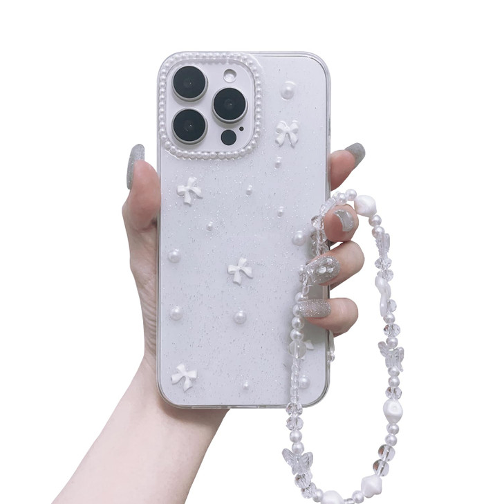 XQAGU Phone Case for iPhone 16 Pro Max Clear Glitter Case with Cute Bow Pearl Aesthetic Girly with Phone Charms Chain Br