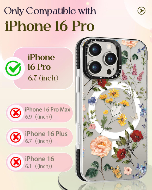 Lotadilo Case for iPhone 16 Pro Case Compatible with Magsafe Ring Holder Stand for Women Retro Flower Design TPU Phone C