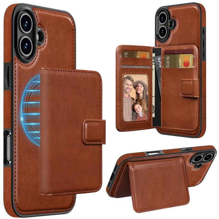 LOHASIC for iPhone 16 Plus Wallet Case Magsafe Detachable Magnetic Leather Case RFID Blocking 4 Card Slots 2 Cash Pocket