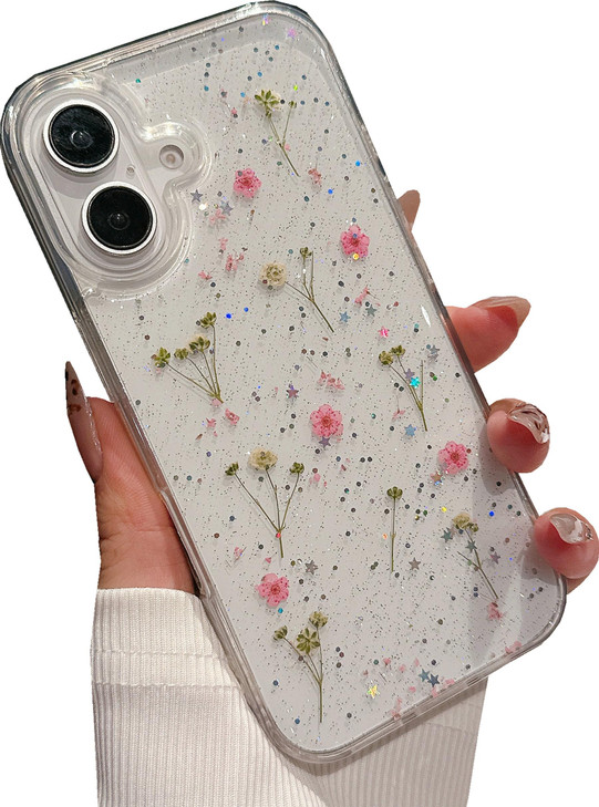 Shinymore Compatible with iPhone 16 Flower Case Soft Clear Flexible Rubber Pressed Dry Real Flowers Girls Glitter Floral
