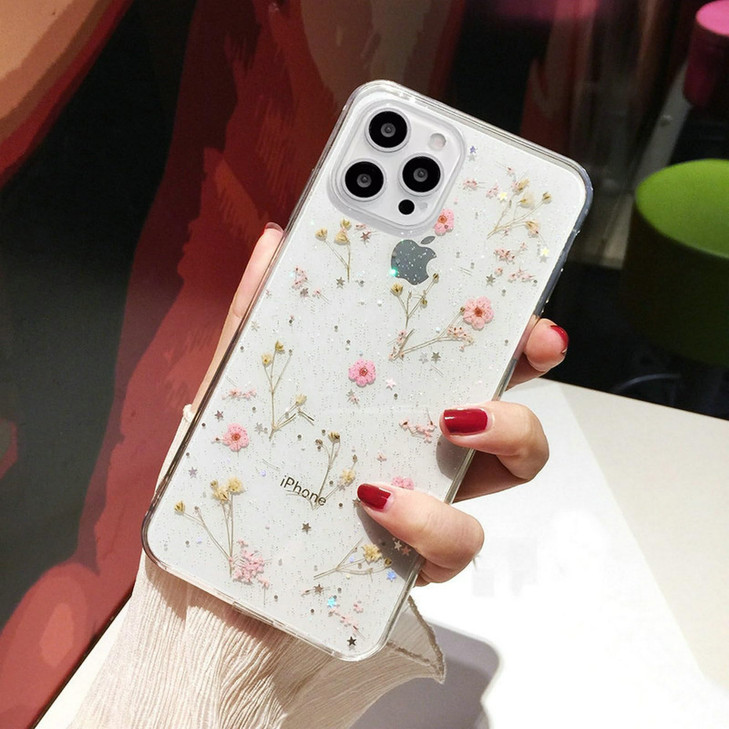 Shinymore Compatible with iPhone 16 Pro Flower Case Soft Clear Flexible Rubber Pressed Dry Real Flowers Girls Glitter Fl