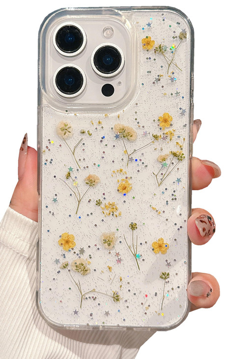 Shinymore Compatible with iPhone 16 Pro Flower Case Soft Clear Flexible Rubber Pressed Dry Real Flowers Girls Glitter Fl
