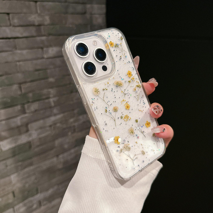 Shinymore Compatible with iPhone 16 Pro Flower Case Soft Clear Flexible Rubber Pressed Dry Real Flowers Girls Glitter Fl