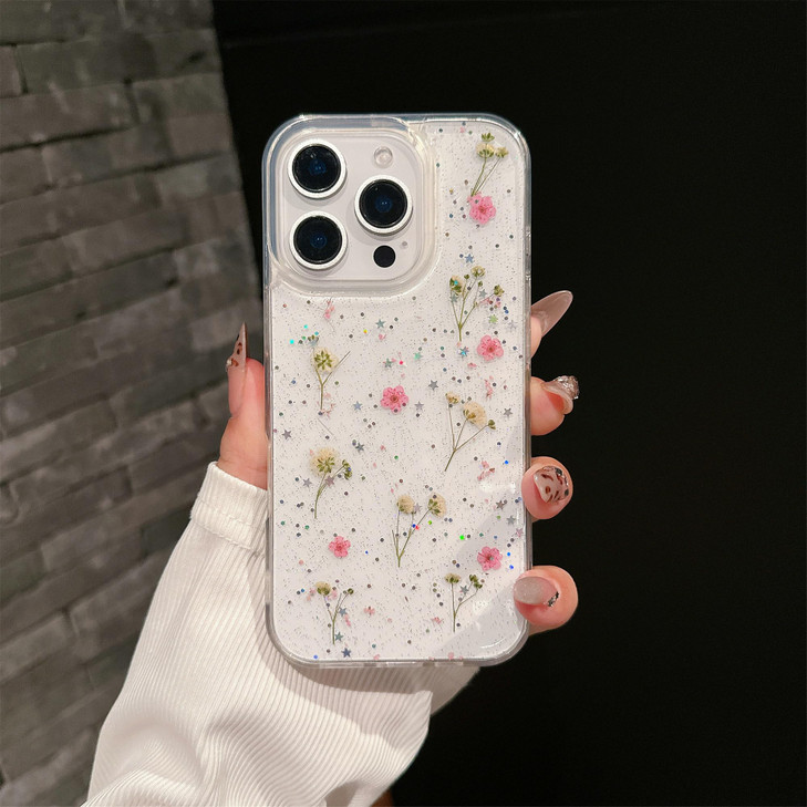 Shinymore Compatible with iPhone 16 Pro Max Flower Case Soft Clear Flexible Rubber Pressed Dry Real Flowers Girls Glitte