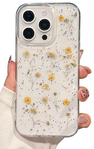 Shinymore Compatible with iPhone 16 Pro Max Flower Case Soft Clear Flexible Rubber Pressed Dry Real Flowers Girls Glitte