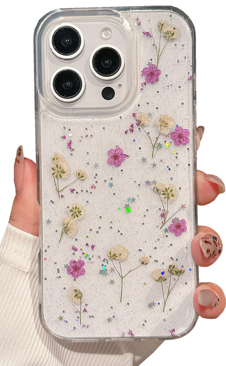 Shinymore Compatible with iPhone 16 Pro Max Flower Case Soft Clear Flexible Rubber Pressed Dry Real Flowers Girls Glitte