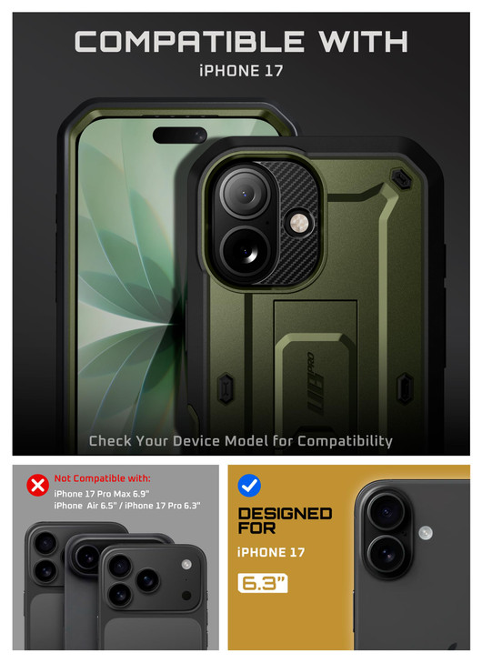 SUPCASE for iPhone 17 Case with Camera Control Button Unicorn Beetle Pro Builtin Kickstand Screen Protector MilitaryGrad