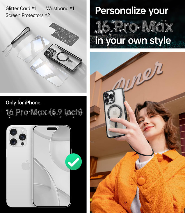 Meifigno Designed for iPhone 16 Pro Max Case 69 Glitter Card Wrist Strap Compatible with MagSafe 2X Screen Protectors Su