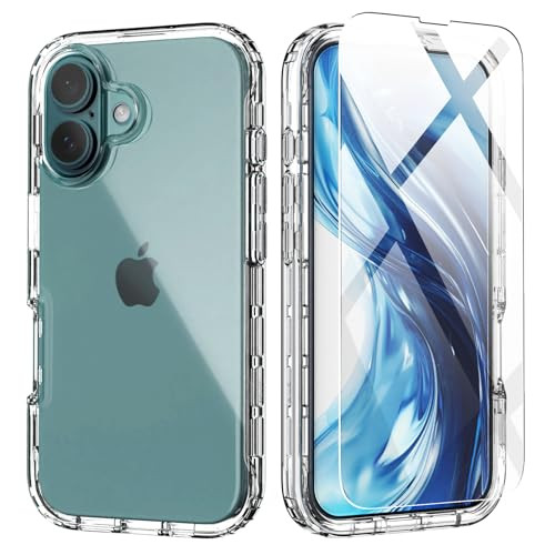 IDweel for iPhone 16 Case with Screen Protector Hybrid 2 in 1 Shockproof Soft Slim Fit Transparent Clear Case with TPU B