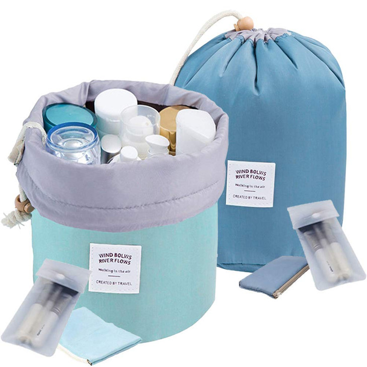 INVODA Drawstring Cosmetic Bag 2PCS Travel Makeup Bag for Women Toiletry Bag Portable Drawstring Make up Organizer Bag for Travel (Green+Blue)