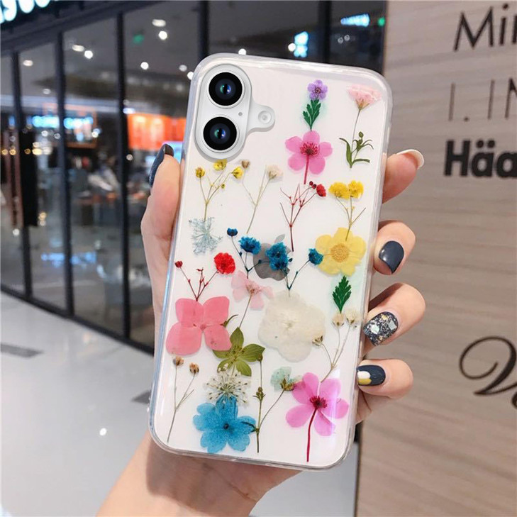 Omorro Compatible with iPhone 16 Flower Girly Case Girls Floral Design Pressed Dry Real Flowers Slim Cover Silicone Rubb