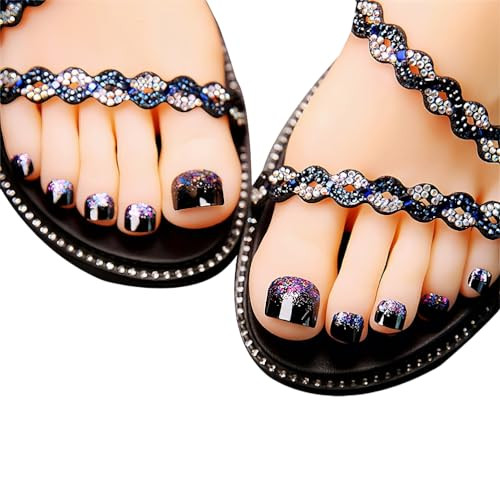 Press On Toenails Square Toe Nails Kit Sparkly False Toe Nails for Women and Girls Fake Toenails Full Cover Glitter Decorated Short False Toenails wi