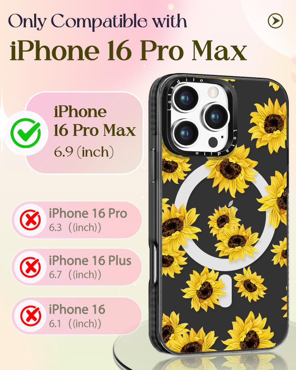 Lotadilo Cute Case for iPhone 16 Pro Max for Women Girls Funny Sunflower Design Compatible with Magsafe Magnetic Ring Ho