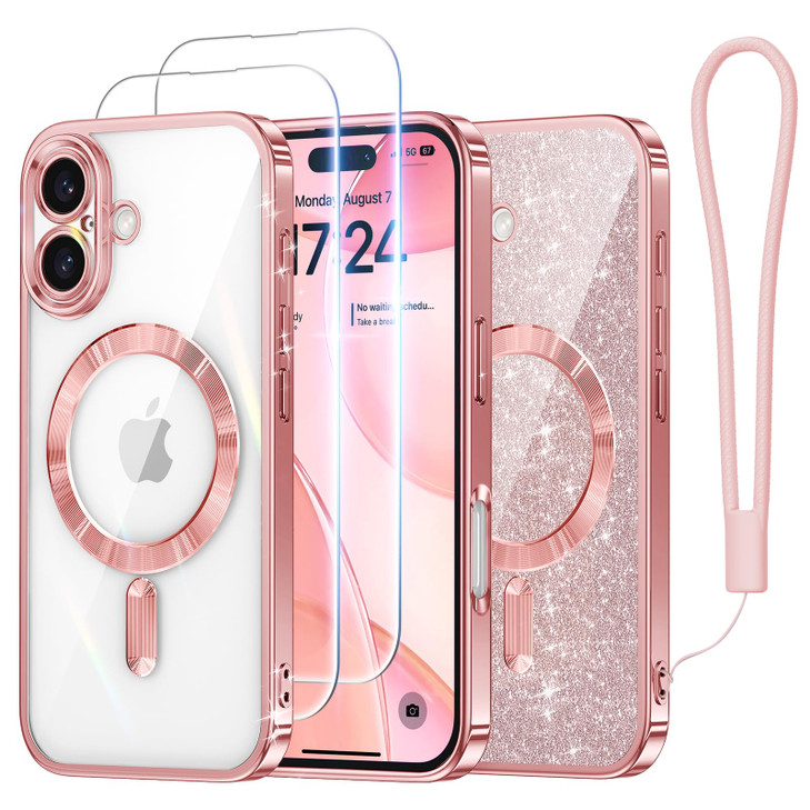 Meifigno Candy Series Case Designed for iPhone 16 Plus 67 2X Screen Protectors Glitter Card Wrist Strap MagSafe Compatib