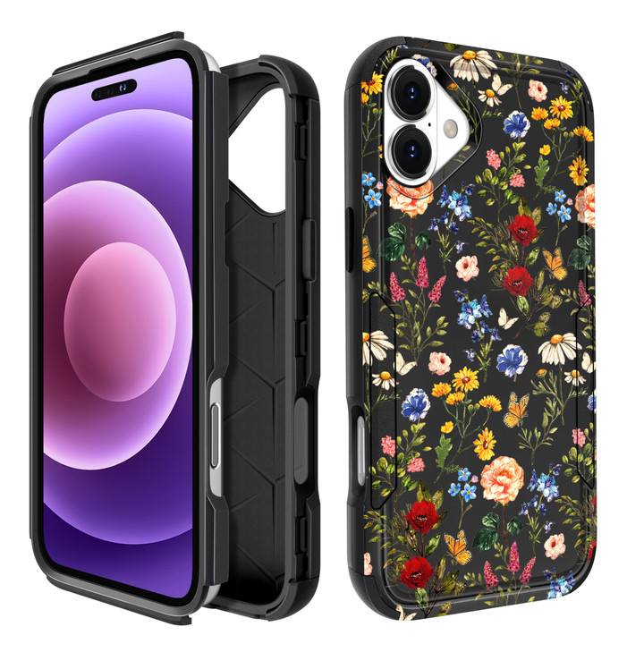 Plakill for iPhone 16 Case for Women Cute Girls Phone Cover Cool Aesthetic Unique Design Teen Black Flower Floral Heavy