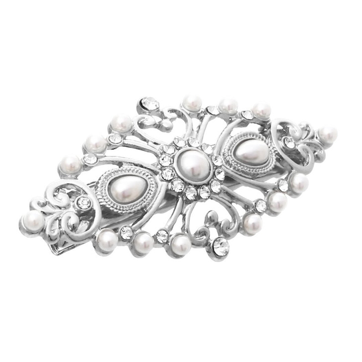 Rosemarie Collections Women's Stunning Antique Style Headpiece Glass Crystal and Simulated Pearl Hair Clip Barrette, 2.25" (Silver Tone)