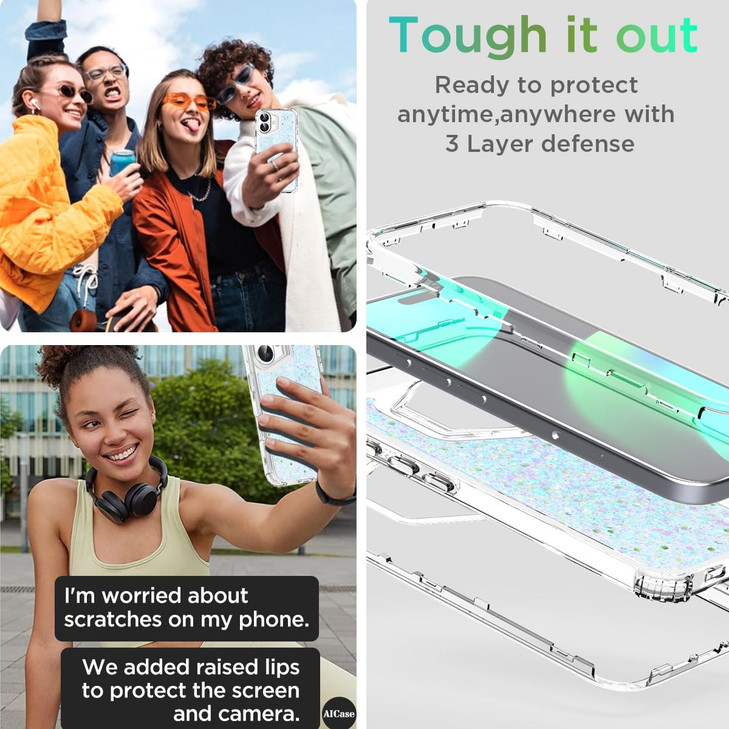 AICase for iPhone 16 Case Bling Glitter for Women Girls Cute Shiny Sparkle3 in 1 Heavy Duty Durable 3Layer Military Grad