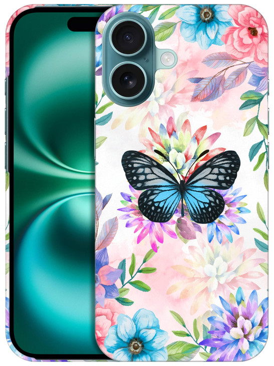 SuzaCase Back Case for iPhone 16 iPhone 16 Case with Stylish Teal Butterfly Floral Design Printed Cute Sleek Durable Har
