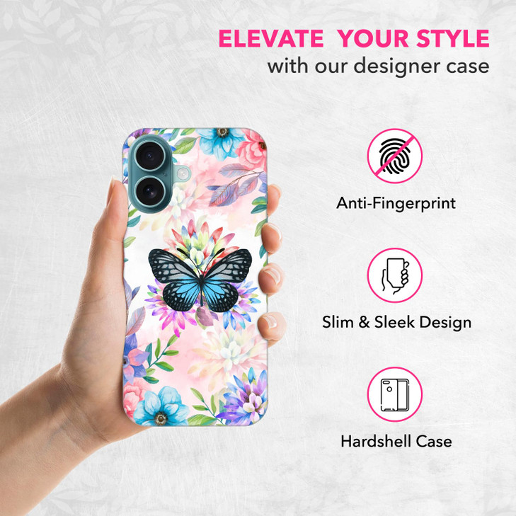 SuzaCase Back Case for iPhone 16 iPhone 16 Case with Stylish Teal Butterfly Floral Design Printed Cute Sleek Durable Har