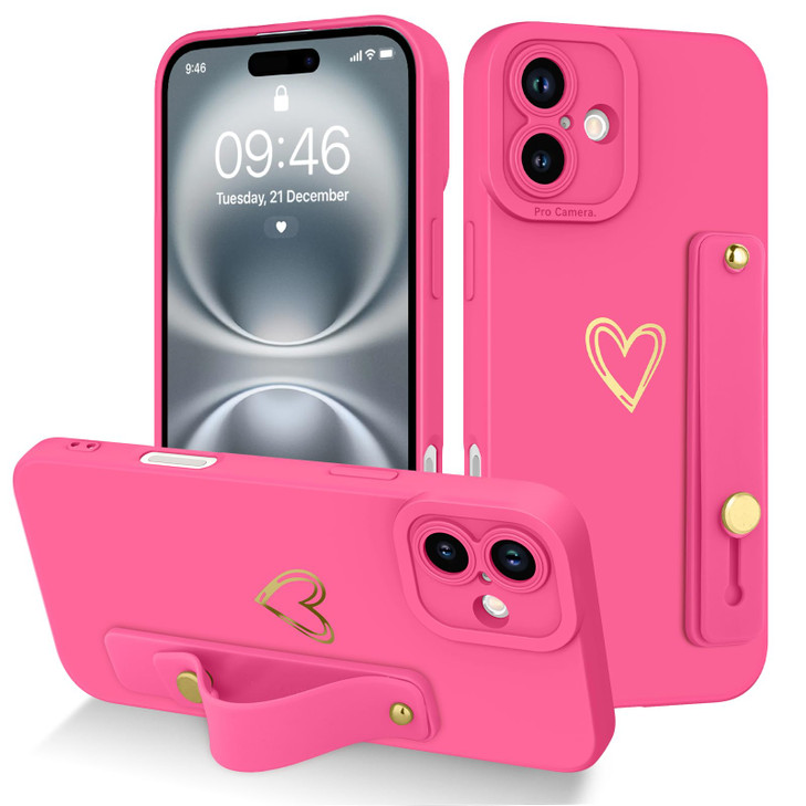 Fiyart Designed for iPhone 16 Case with Phone Holder Cute Love Hearts Pattern Slim Protective Camera Protection Cover wi