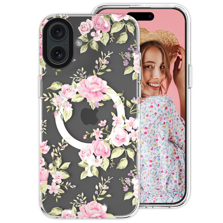 YeLoveHaw for iPhone 16 Plus Magnetic Clear Phone Case for Women Girls Glitter Cute Floral Flower Pattern Compatible wit