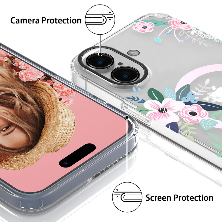 YeLoveHaw for iPhone 16 Magnetic Phone Case for Women Girls Rose Floral Green Leaves Pattern Compatible with MagSafe Sli
