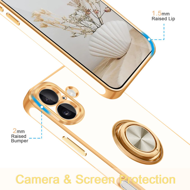 Fingic for iPhone 16 Casewith 360 Rotatable Ring HolderSupport Magnetic Car Mount Shiny Plating Gold Slim Fit Thin Soft