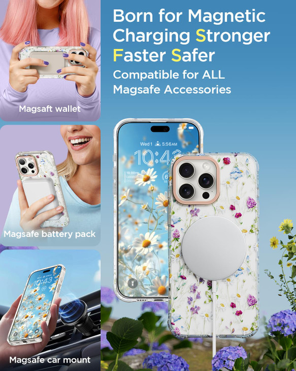 MILPROX Compatible with iPhone 16 Pro Max Case with Screen ProtectorStrap Compatible with MagSafe Cute Flower Floral Pat
