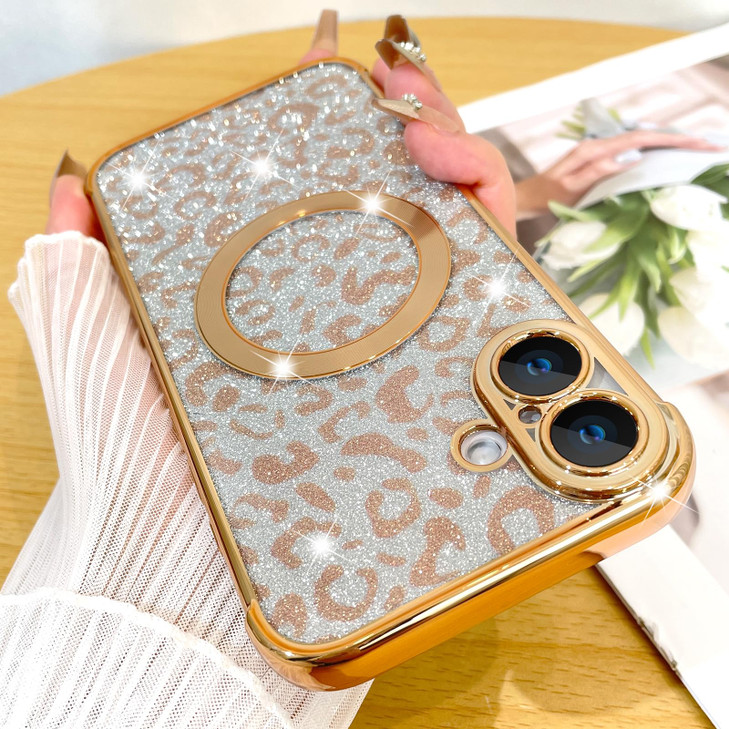 Fiyart Designed for iPhone 16 Plus CaseCompatible with MagSafe Cheetah Print Plating Camera Protection Magnetic Clear Gl