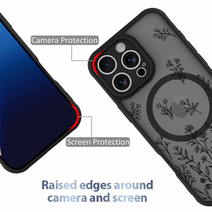 AIGOMARA Magnetic Case for iPhone 16 Pro Compatible with MagSafe Cute Black Flower Floral for Women Girls Soft TPU Bumpe