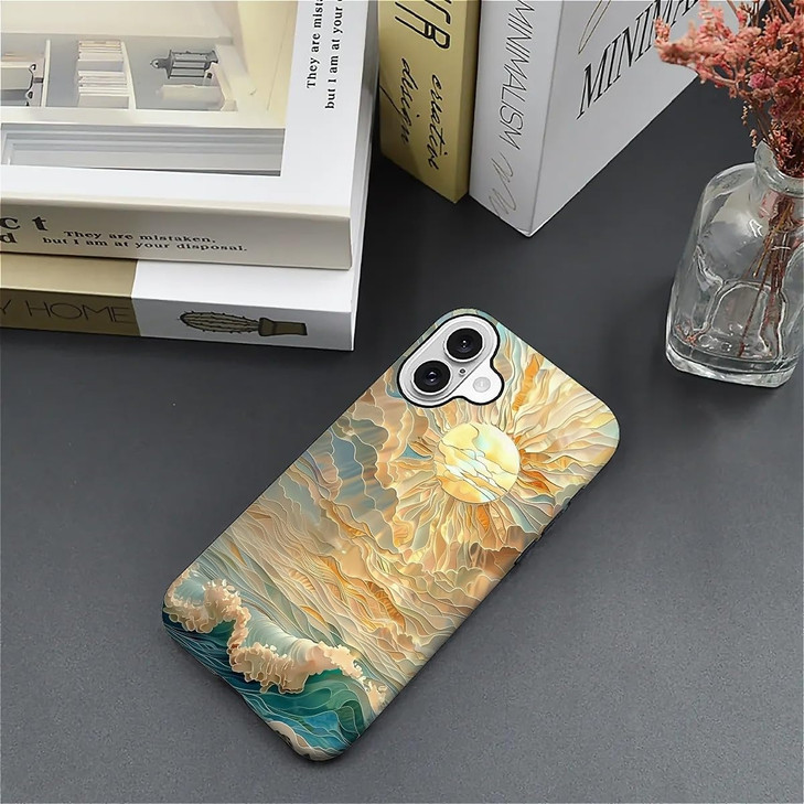 ZHEGAILIAN Case for iPhone 16Ocean Waves Sun Rays Stained Glass for 2 in 1 Hard Shell Soft SiliconeShockproof Bumper Dro