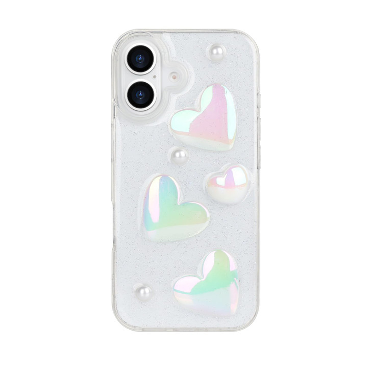VALRION Compatible with iPhone 16 Bling Case Laser Colour 3D Crystal Love Heart Pearl Diamond Glitter Clear Case Cute Gi