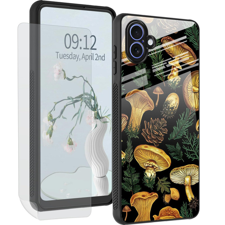 DHYYDSQZ for iPhone 16 Phone Case with Screen Protector Mushrooms Design for Women Men Slim Tempered Glass Back Cover So