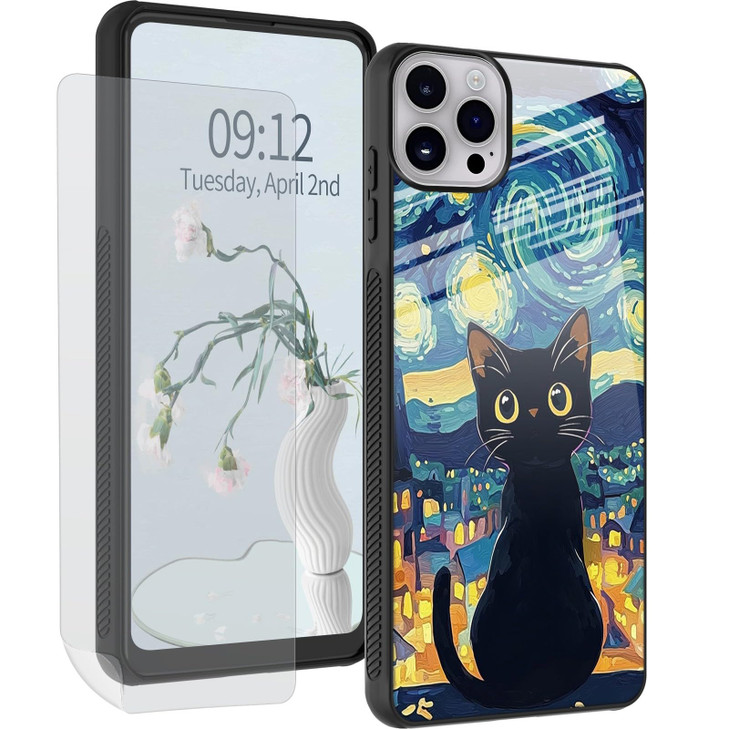 DHYYDSQZ for iPhone 16 Pro Phone Case with Screen Protector Starry Night Black Cat Design for Women Men Slim Tempered Gl