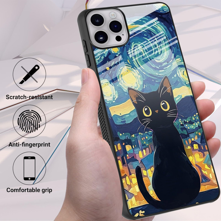DHYYDSQZ for iPhone 16 Pro Phone Case with Screen Protector Starry Night Black Cat Design for Women Men Slim Tempered Gl